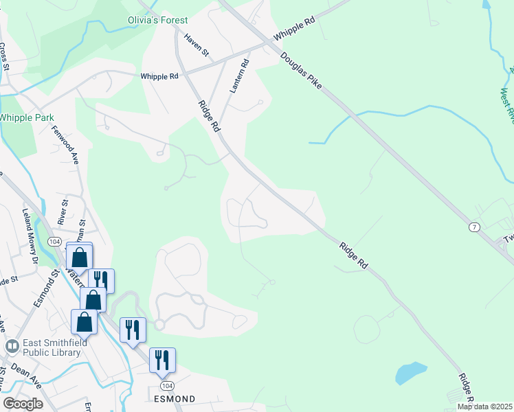 map of restaurants, bars, coffee shops, grocery stores, and more near 171 Ridge Road in Smithfield