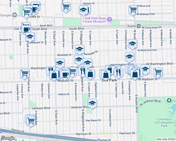 map of restaurants, bars, coffee shops, grocery stores, and more near 416 South Ridgeland Avenue in Oak Park