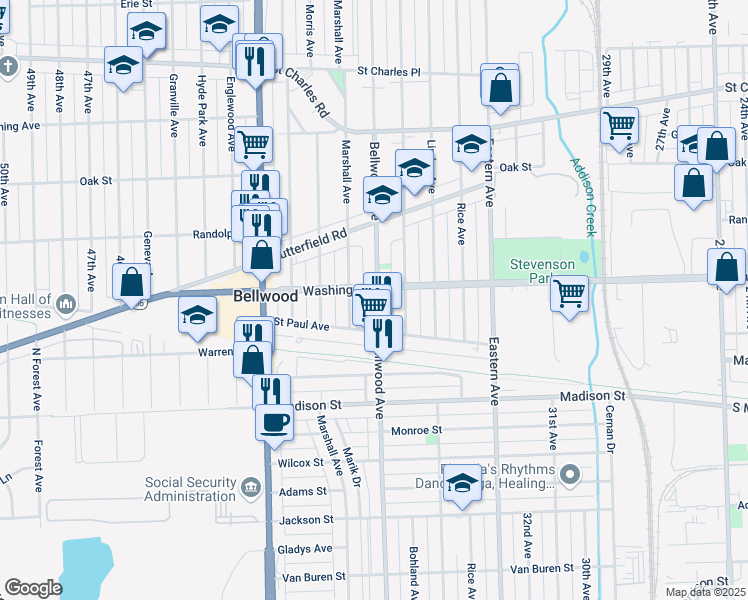 map of restaurants, bars, coffee shops, grocery stores, and more near 601 Marshall Avenue in Bellwood