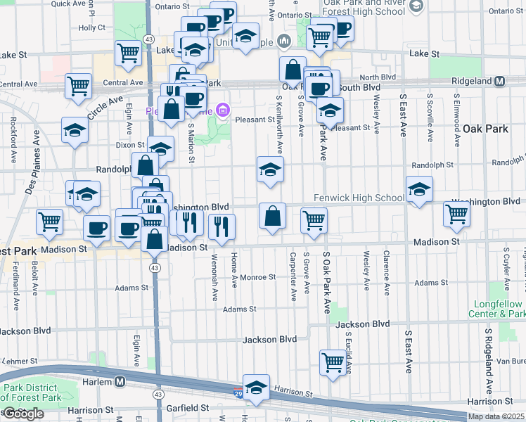 map of restaurants, bars, coffee shops, grocery stores, and more near 404 Clinton Avenue in Oak Park