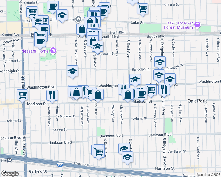 map of restaurants, bars, coffee shops, grocery stores, and more near 651 Washington Boulevard in Oak Park