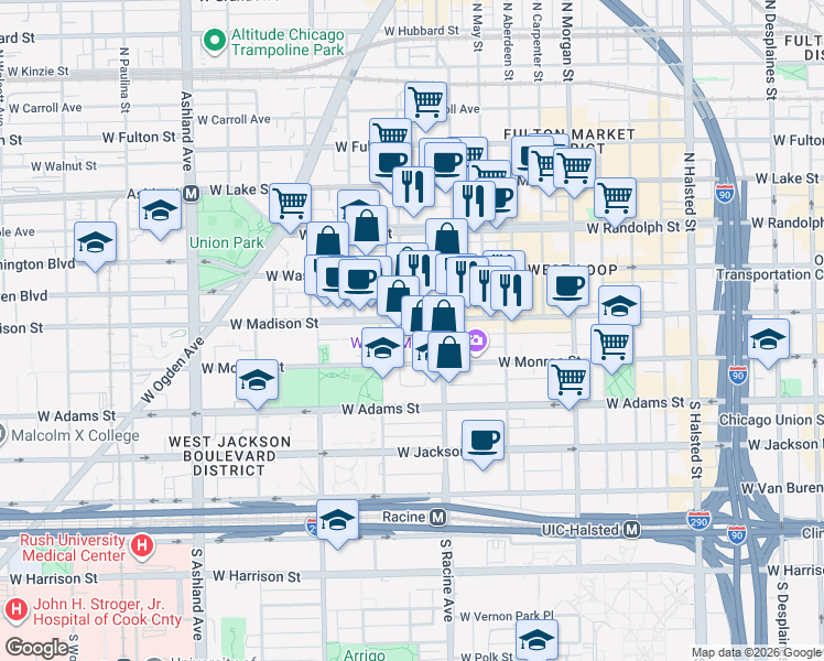 map of restaurants, bars, coffee shops, grocery stores, and more near 1225 West Madison Street in Chicago