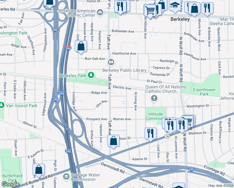map of restaurants, bars, coffee shops, grocery stores, and more near 5152 Ridge Avenue in Hillside