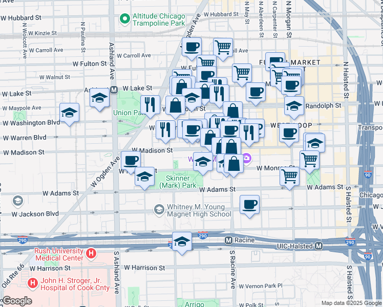 map of restaurants, bars, coffee shops, grocery stores, and more near 1301 West Madison Street in Chicago