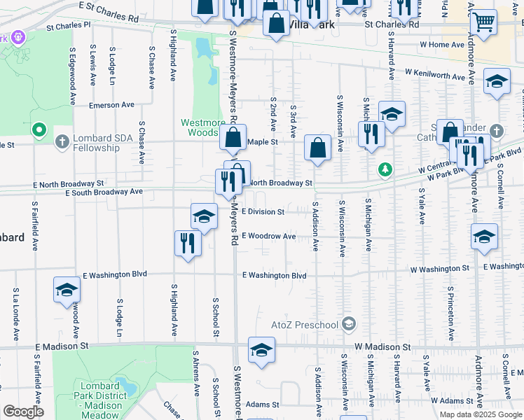 map of restaurants, bars, coffee shops, grocery stores, and more near 1032 East Division Street in Lombard