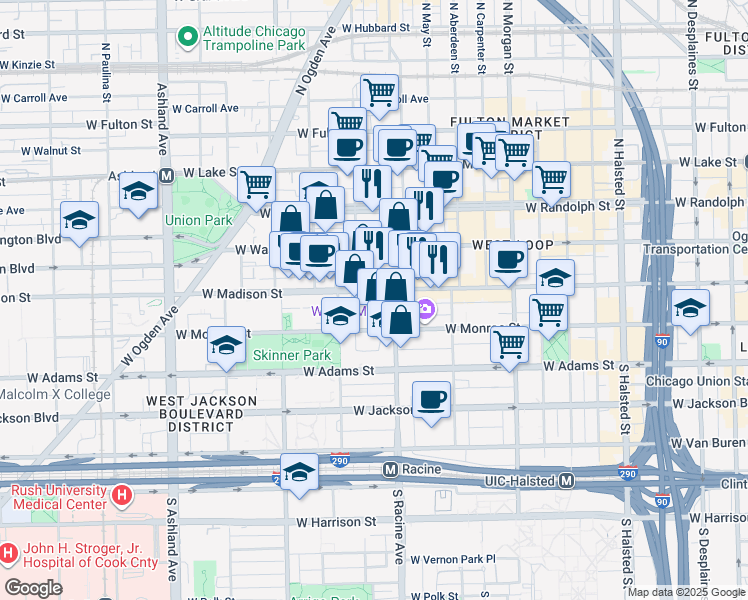 map of restaurants, bars, coffee shops, grocery stores, and more near 1237 West Madison Street in Chicago
