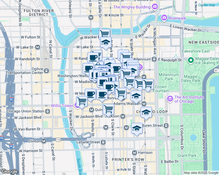 map of restaurants, bars, coffee shops, grocery stores, and more near 100 West Monroe Street in Chicago