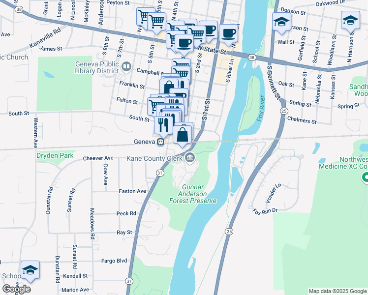 map of restaurants, bars, coffee shops, grocery stores, and more near 610 South 1st Street in Geneva