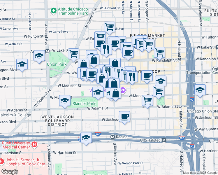 map of restaurants, bars, coffee shops, grocery stores, and more near 1215 West Madison Street in Chicago