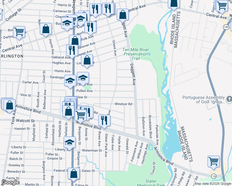 map of restaurants, bars, coffee shops, grocery stores, and more near 255 Pullen Avenue in Pawtucket