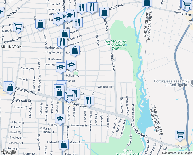 map of restaurants, bars, coffee shops, grocery stores, and more near 255 Pullen Avenue in Pawtucket