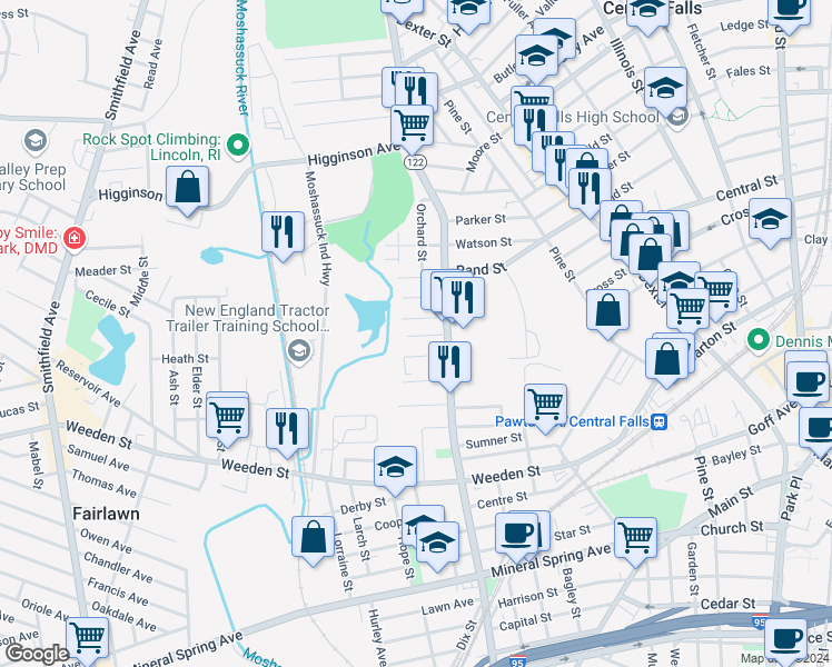 map of restaurants, bars, coffee shops, grocery stores, and more near 50 Ayr Street in Central Falls