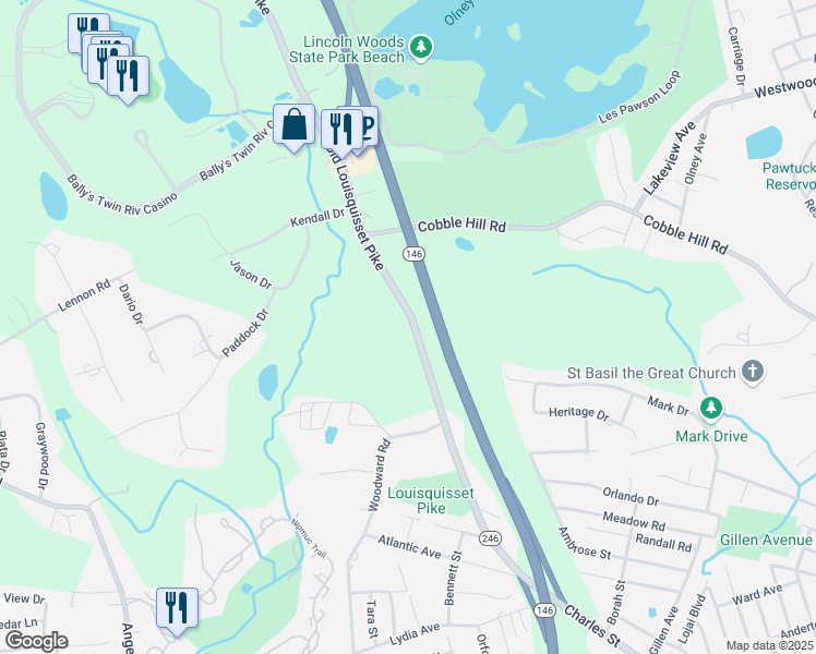 map of restaurants, bars, coffee shops, grocery stores, and more near 1444 Old Louisquisset Pike in Lincoln