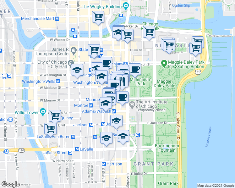 map of restaurants, bars, coffee shops, grocery stores, and more near 1 South Wabash Avenue in Chicago