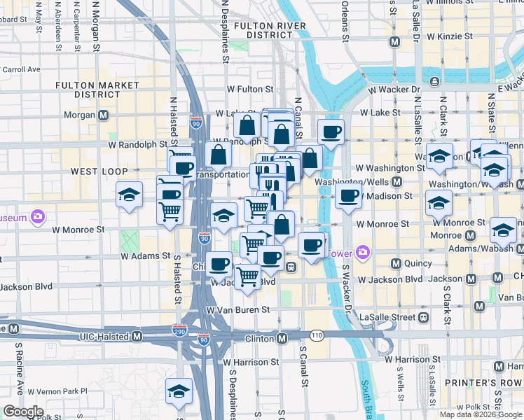 map of restaurants, bars, coffee shops, grocery stores, and more near 575 West Madison Street in Chicago