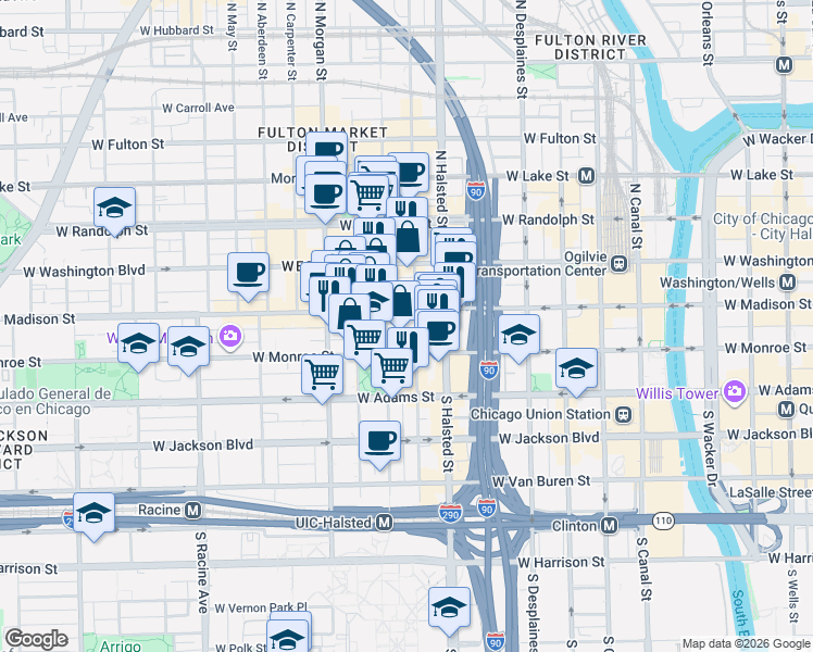 map of restaurants, bars, coffee shops, grocery stores, and more near 855 West Madison Street in Chicago
