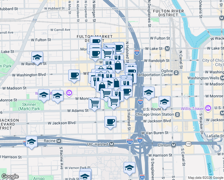 map of restaurants, bars, coffee shops, grocery stores, and more near 855 West Madison Street in Chicago