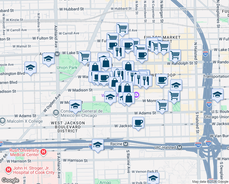 map of restaurants, bars, coffee shops, grocery stores, and more near 1237 West Madison Street in Chicago