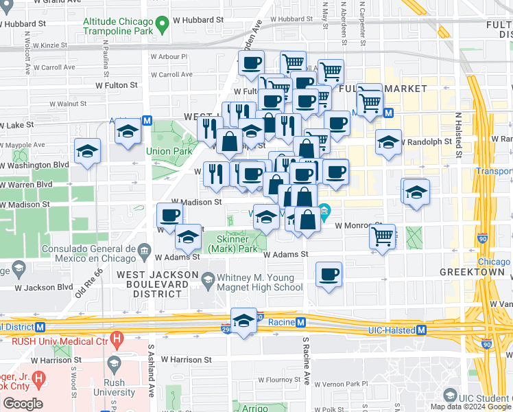 map of restaurants, bars, coffee shops, grocery stores, and more near 1301 West Madison Street in Chicago