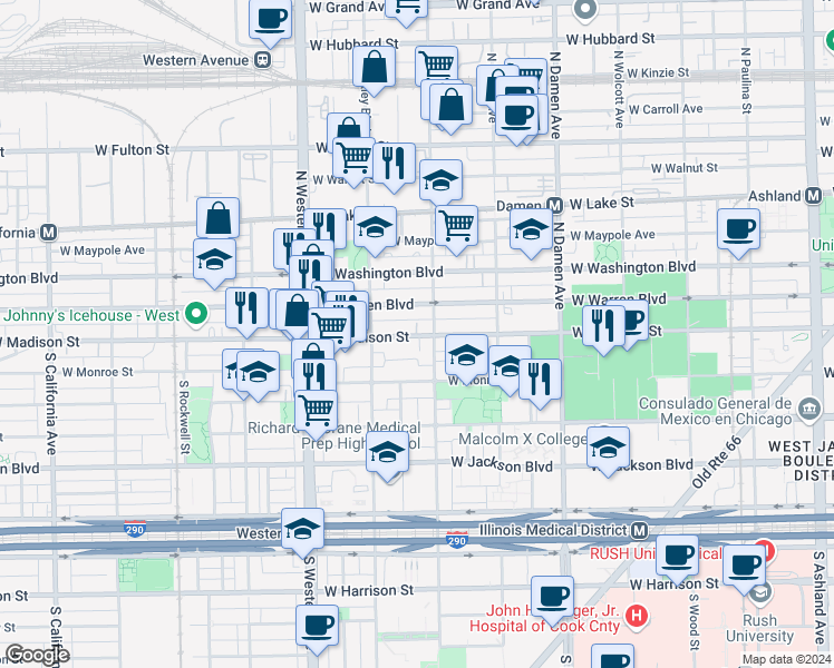 map of restaurants, bars, coffee shops, grocery stores, and more near 2224 West Madison Street in Chicago