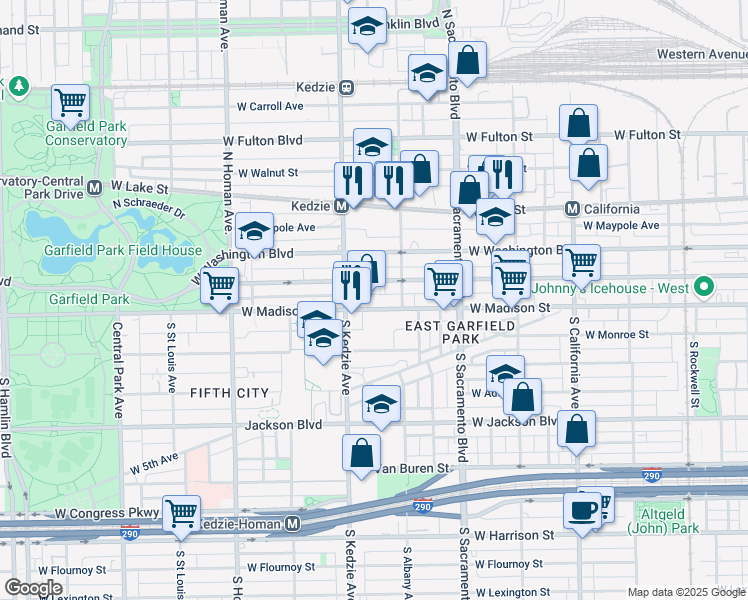 map of restaurants, bars, coffee shops, grocery stores, and more near 3129 Nancy B Jefferson Boulevard in Chicago