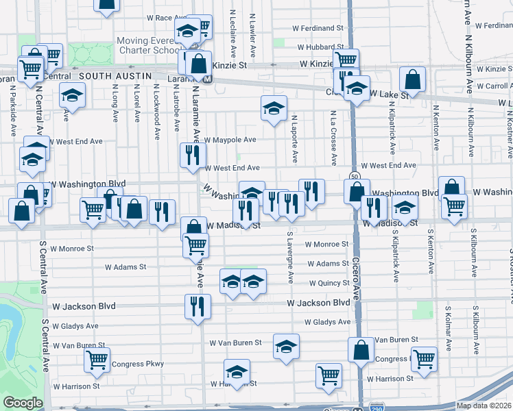 map of restaurants, bars, coffee shops, grocery stores, and more near 5033 West Washington Boulevard in Chicago