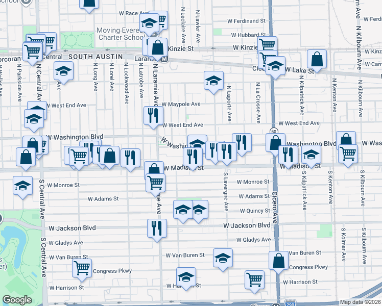 map of restaurants, bars, coffee shops, grocery stores, and more near 5107 West Washington Boulevard in Chicago