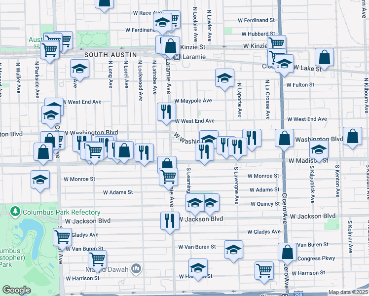 map of restaurants, bars, coffee shops, grocery stores, and more near 5145 West Washington Boulevard in Chicago