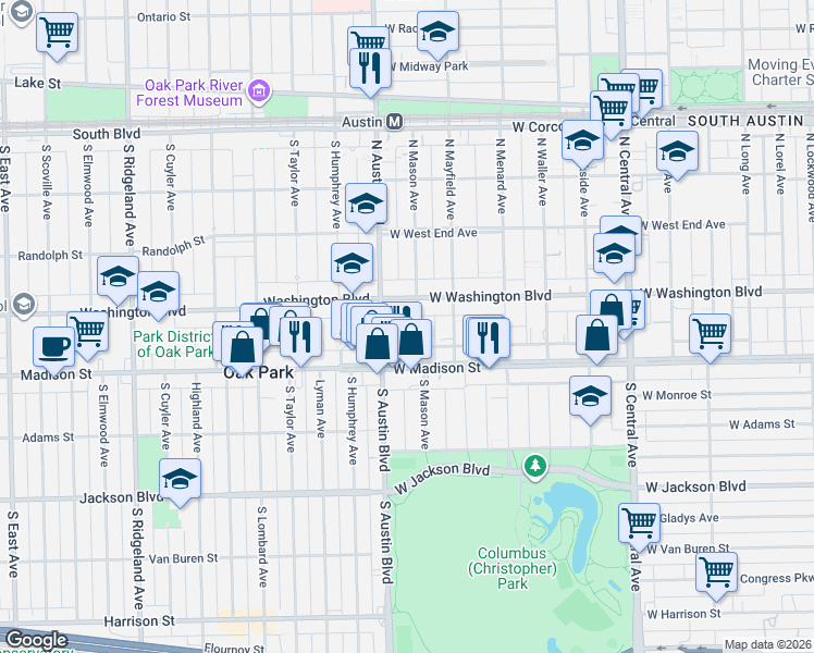 map of restaurants, bars, coffee shops, grocery stores, and more near 46 North Mason Avenue in Chicago