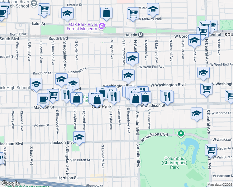 map of restaurants, bars, coffee shops, grocery stores, and more near 47 Washington Boulevard in Oak Park