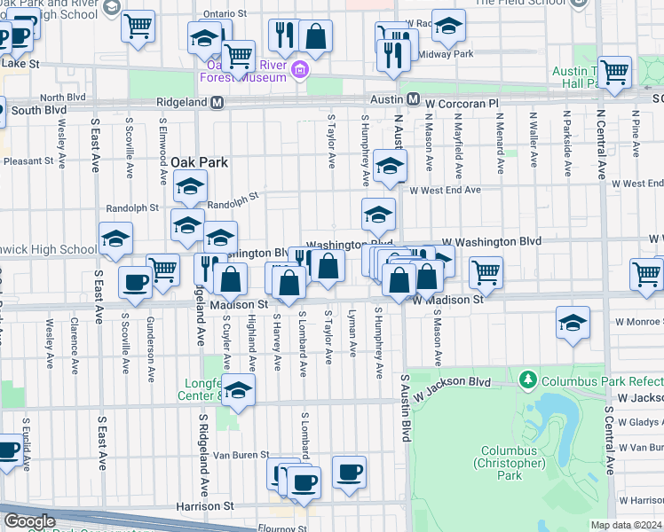 map of restaurants, bars, coffee shops, grocery stores, and more near 111 Washington Boulevard in Oak Park