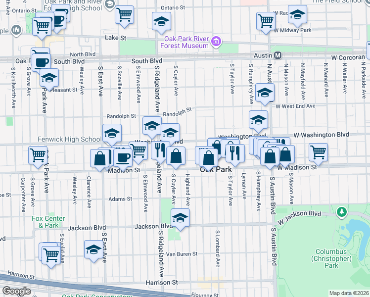 map of restaurants, bars, coffee shops, grocery stores, and more near 243 Washington Boulevard in Oak Park