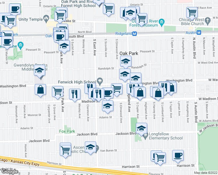 map of restaurants, bars, coffee shops, grocery stores, and more near 400 South Scoville Avenue in Oak Park