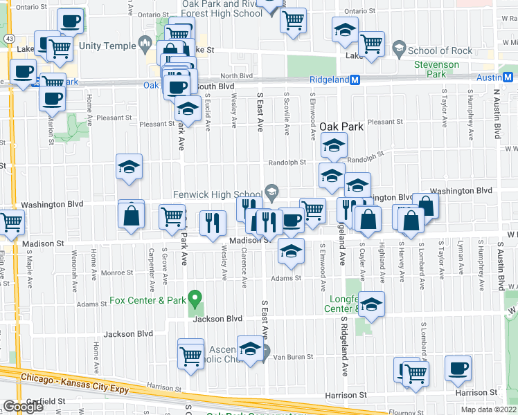 map of restaurants, bars, coffee shops, grocery stores, and more near 401 South East Avenue in Oak Park