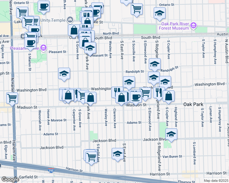 map of restaurants, bars, coffee shops, grocery stores, and more near 615 Washington Boulevard in Oak Park