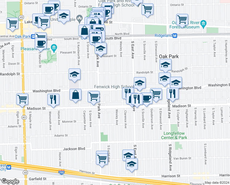 map of restaurants, bars, coffee shops, grocery stores, and more near 651 Washington Boulevard in Oak Park