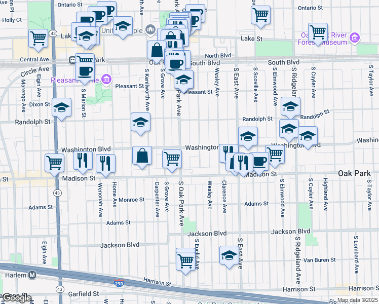map of restaurants, bars, coffee shops, grocery stores, and more near 715 Washington Boulevard in Oak Park