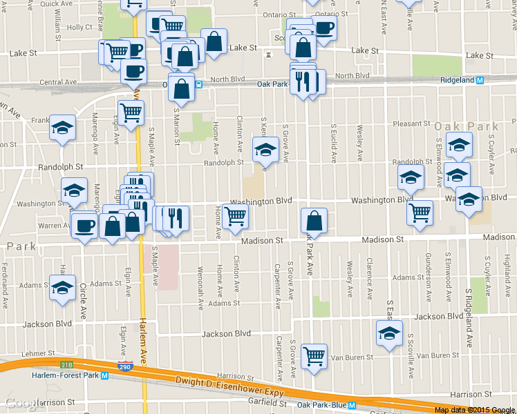 map of restaurants, bars, coffee shops, grocery stores, and more near 404 Clinton Avenue in Oak Park