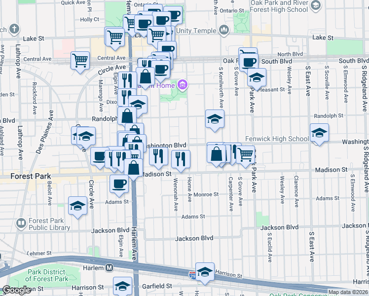 map of restaurants, bars, coffee shops, grocery stores, and more near 1024 Washington Boulevard in Oak Park
