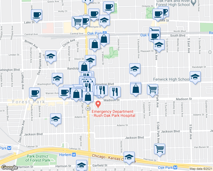 map of restaurants, bars, coffee shops, grocery stores, and more near 1116 Washington Boulevard in Oak Park