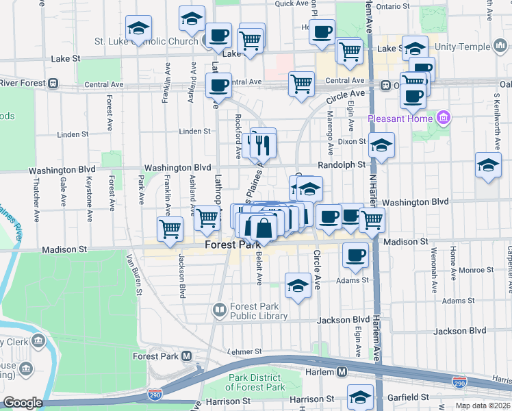 map of restaurants, bars, coffee shops, grocery stores, and more near 7449 Washington Street in Forest Park