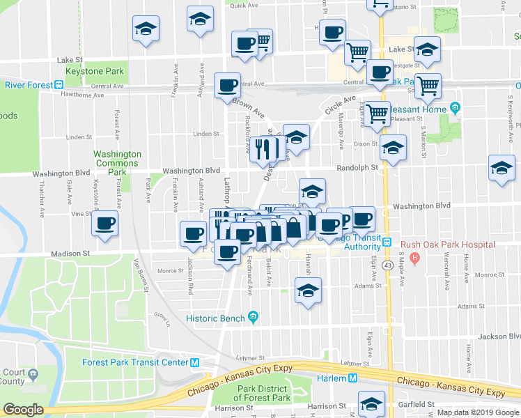 map of restaurants, bars, coffee shops, grocery stores, and more near 241 Des Plaines Avenue in Forest Park