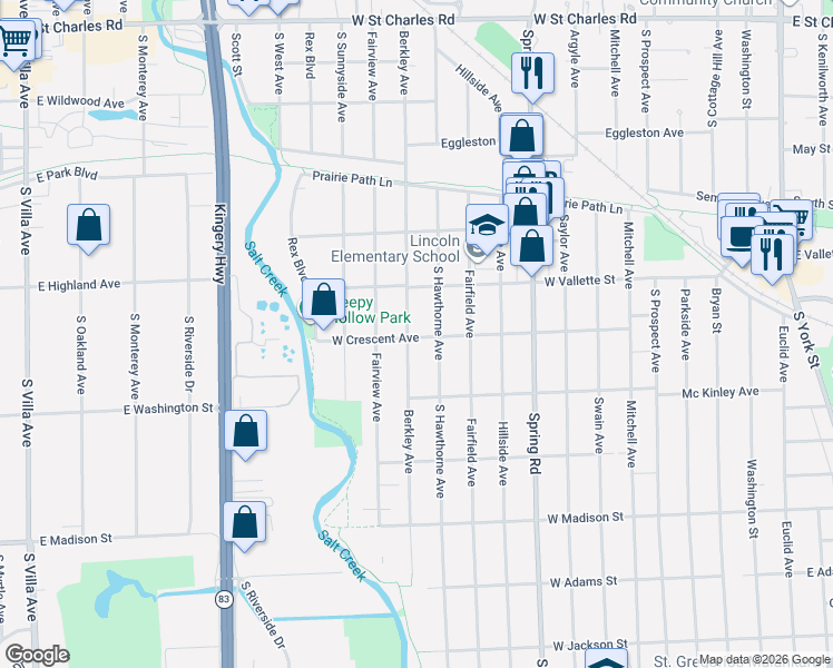 map of restaurants, bars, coffee shops, grocery stores, and more near 619 Berkley Avenue in Elmhurst
