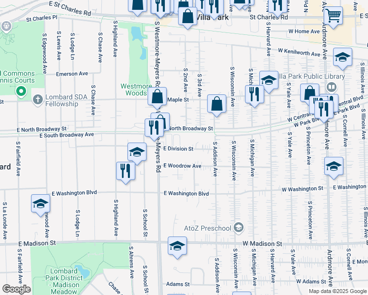 map of restaurants, bars, coffee shops, grocery stores, and more near 1042 East Division Street in Lombard