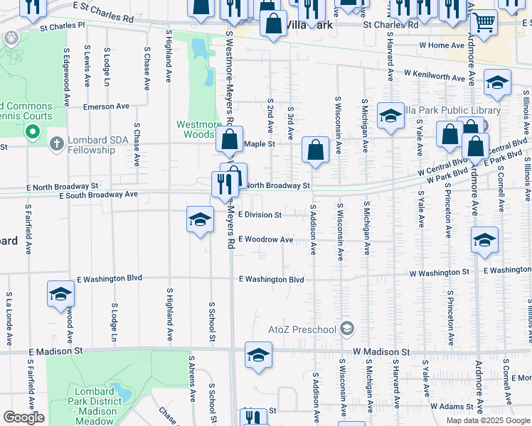 map of restaurants, bars, coffee shops, grocery stores, and more near 1042 East Division Street in Lombard