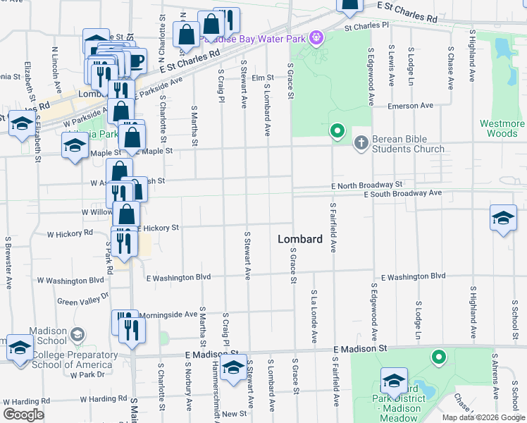 map of restaurants, bars, coffee shops, grocery stores, and more near 335 South Lombard Avenue in Lombard