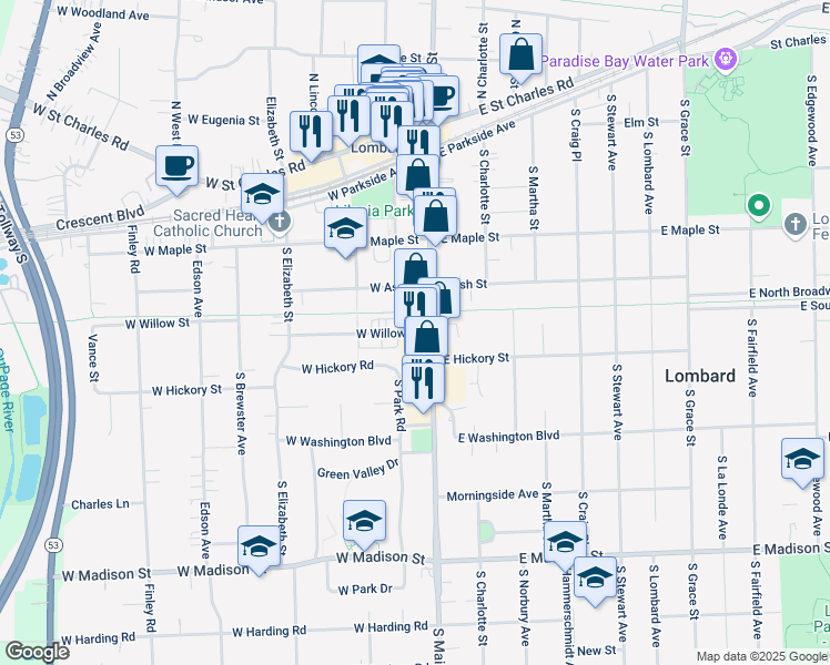 map of restaurants, bars, coffee shops, grocery stores, and more near 330 South Main Street in Lombard