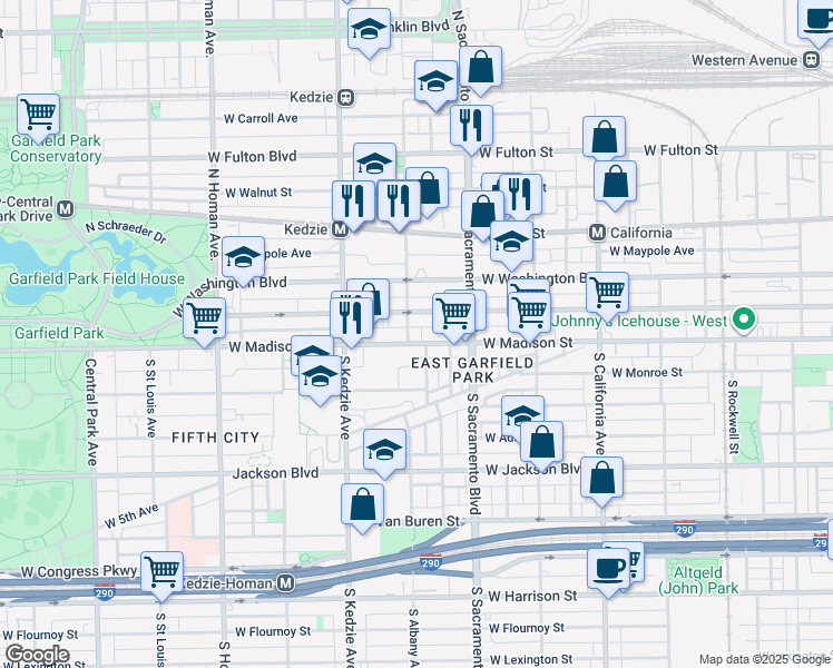 map of restaurants, bars, coffee shops, grocery stores, and more near 3059 West Warren Boulevard in Chicago