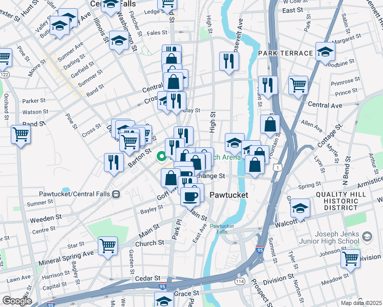 map of restaurants, bars, coffee shops, grocery stores, and more near 9 Manchester Street in Pawtucket