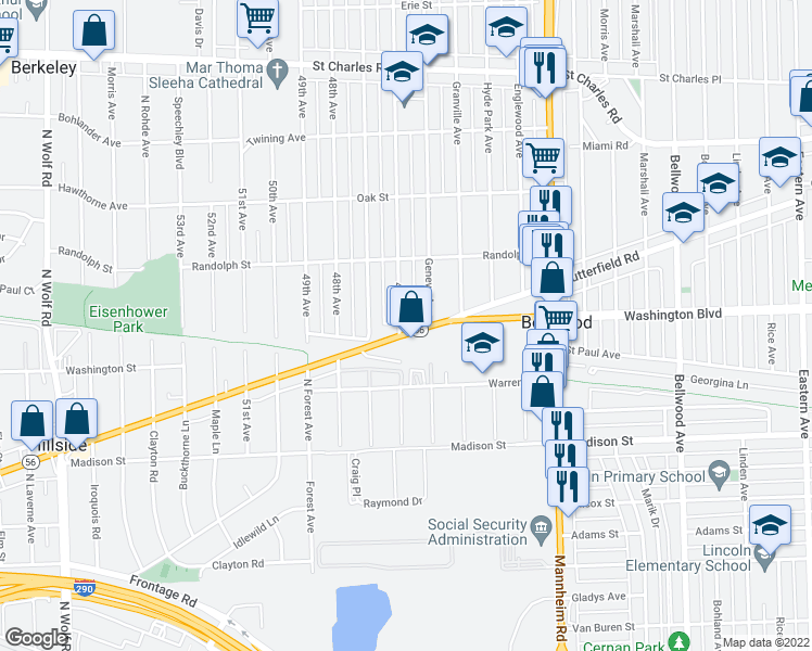 map of restaurants, bars, coffee shops, grocery stores, and more near 4519 Butterfield Road in Bellwood